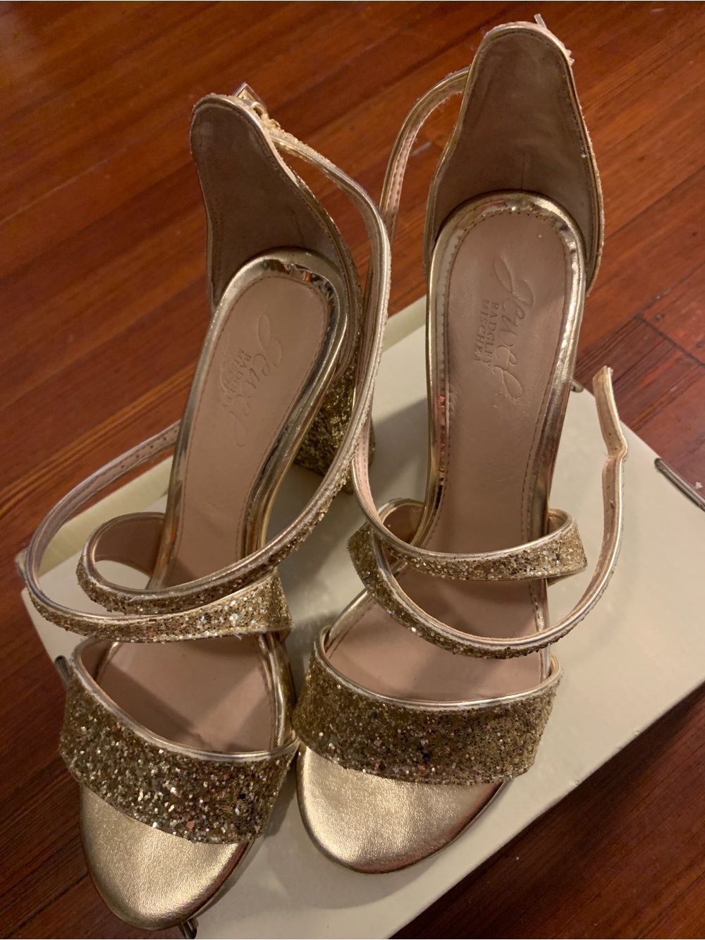 Badgley Mischka Gold Glitter Strappy Slingback Heels